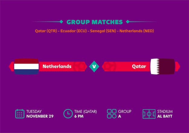 Wereldbeker voetbal, Qatar 2022. Wedstrijdschema van Nederland vs Qatar de met vlaggen. Wereldbeker.