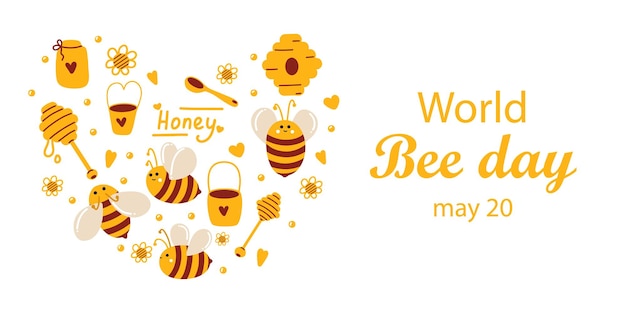 Wereldbierdag van mei banner met schattige honingbijen in flatlay stijl voor webgebruik banners
