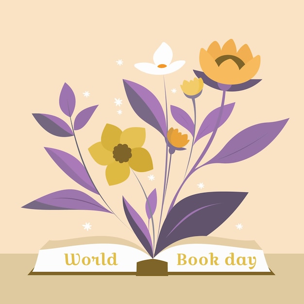 Wereldboekdag Open boek met bloemen Vectorillustratie