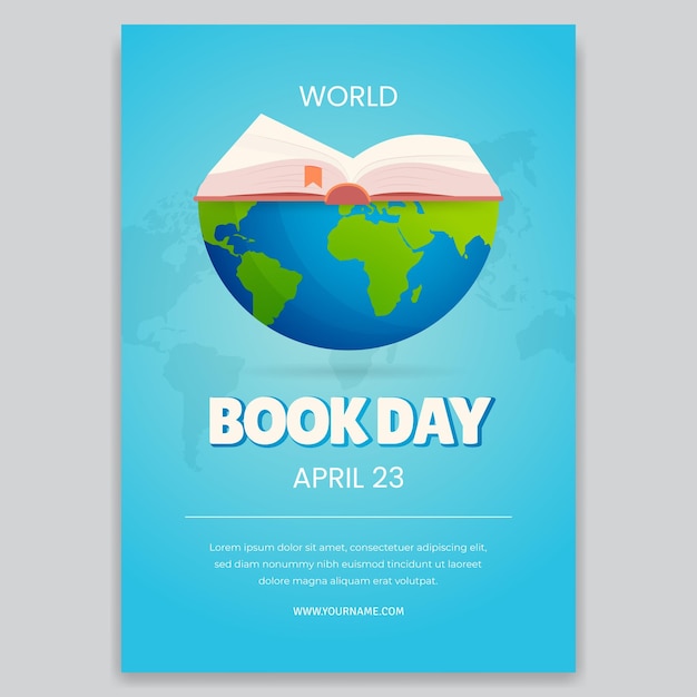 Wereldboekendag 23 april flyer met geopend boek en wereldbol illustratie