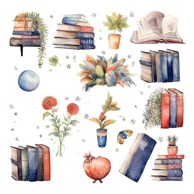 Wereldboekendag hand getrokken aquarel clipart set bibliotheekboeken collectie