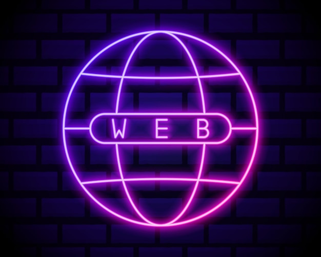 Wereldbol neon licht icoon. Gloeiende teken van internetcafé. Bolvormig model van de aarde. Globaal netwerk.