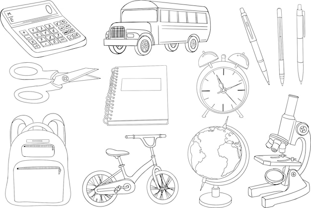 Wereldbol, schoolbus, microscoop, notitieboekje, pennen, rekenmachine, wekker, rugzak, fiets, schaar.