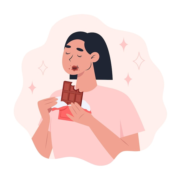 Wereldchocoladedag een jonge vrouw die een reep chocolade eet