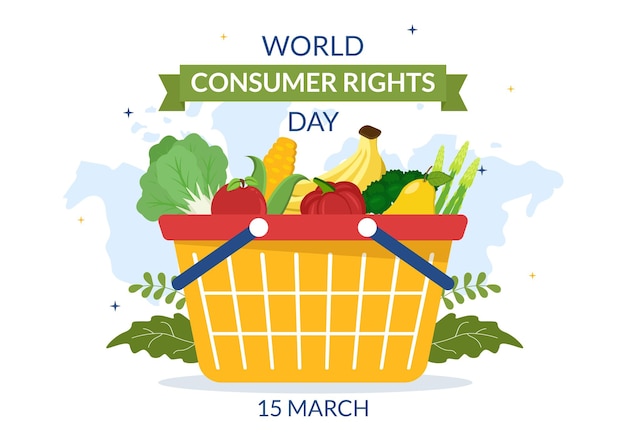 Wereldconsumentenrechtendag Illustratie met winkelen en behoeften van consumenten voor webbannersjabloon