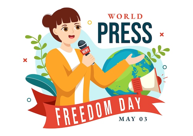 Werelddag van de persvrijheid illustratie met handen met nieuwsmicrofoons in handgetekende sjablonen