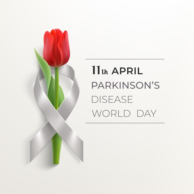 Werelddag van de ziekte van parkinson met grijs lint en rode tulp