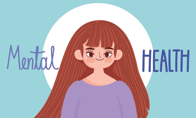 Werelddag voor geestelijke gezondheid, cartoon meisje portret, belettering kaart