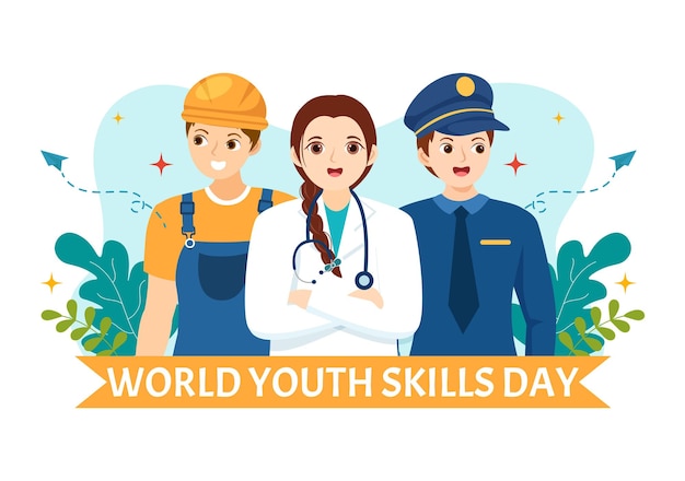 Werelddag voor jeugdvaardigheden Vectorillustratie van mensen met vaardigheden voor werkgelegenheid en ondernemerschap
