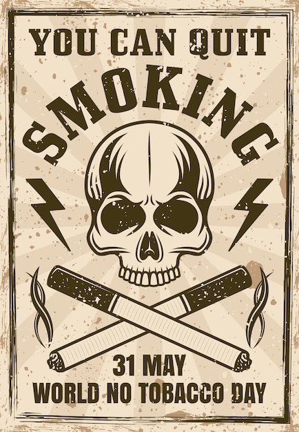 Werelddag zonder tabak vintage poster met schedel en twee gekruiste sigaretten illustratie