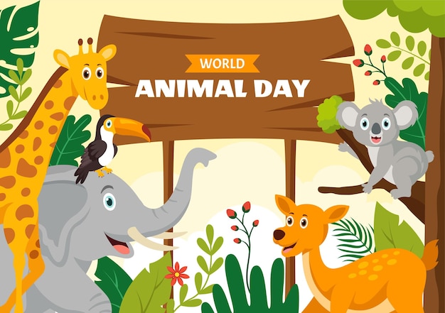 Werelddierendag Sociale Media Achtergrond Platte Cartoon Hand Getrokken Sjablonen Illustratie