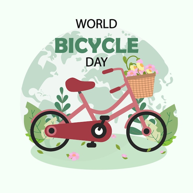 Wereldfietsdag met een bloemrijke rode fiets op de parkplatte vectorillustratie