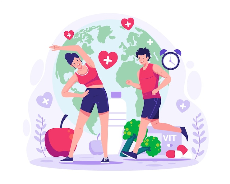 Wereldgezondheidsdag Mensen die trainen om gezond te blijven Gezonde levensstijl Hardlopen en yoga Illustratie