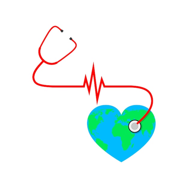 Wereldgezondheidsdag. Vectorillustratie. Wereldbol in de vorm van het hart met stethoscoop en hartslag teken op witte achtergrond.
