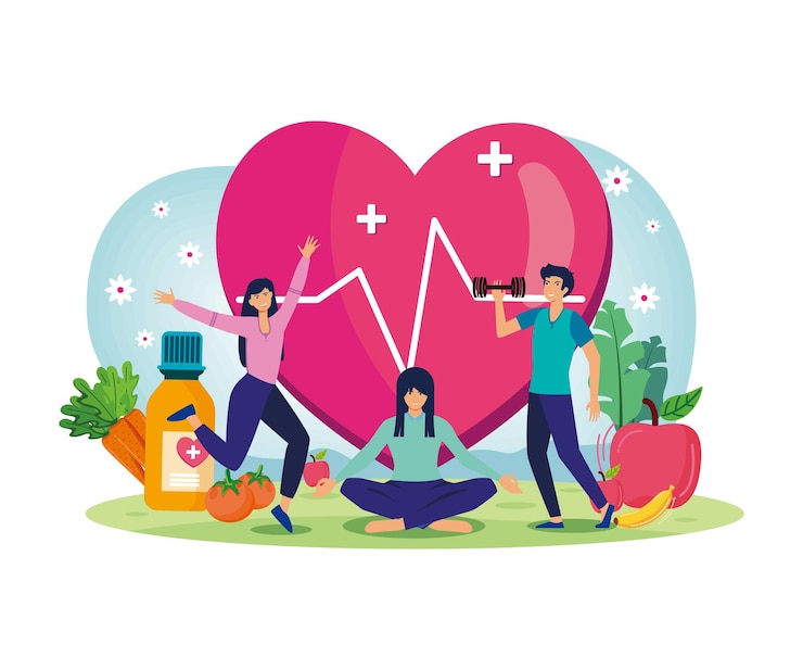 Vector wereldgezondheidsdagconcept met personages mensen beoefenen yoga gezond leven vlakke vector moderne illustratie