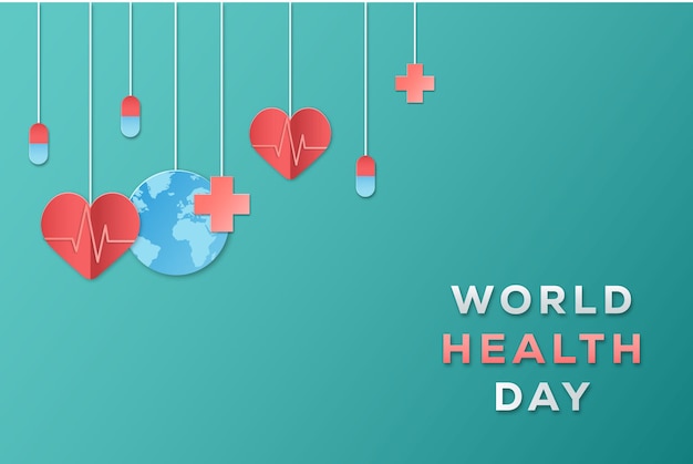 Wereldgezondheidsdagillustratie met hangende planeet, harten, medisch kruis en pillen in papierkunst