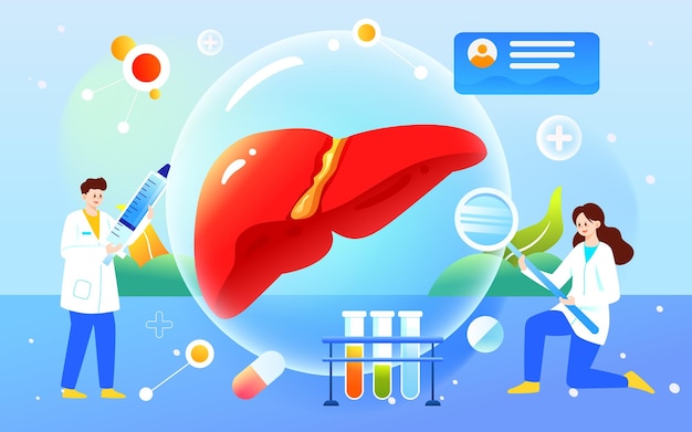 Wereldhepatitisdag, arts onderzoekt lever om hepatitisziekte te behandelen, vectorillustratie