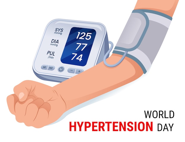 Wereldhypertensiedag, arteriële bloeddruk controleren met tonometer.