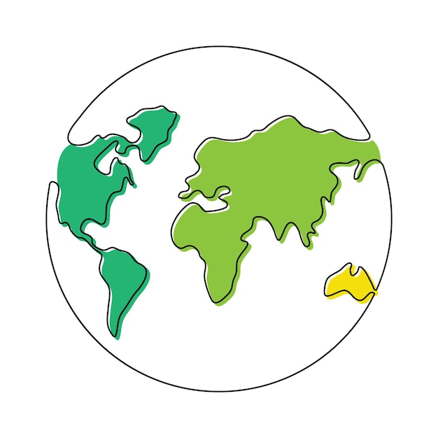 Wereldkaart één lijntekening Continu aardelijntekeningsymbool met kleurcontinenten