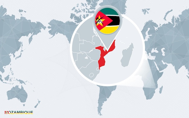 Wereldkaart gecentreerd op amerika met uitvergroot mozambique