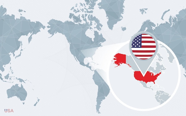 Wereldkaart gecentreerd op Amerika met uitvergrote Verenigde Staten