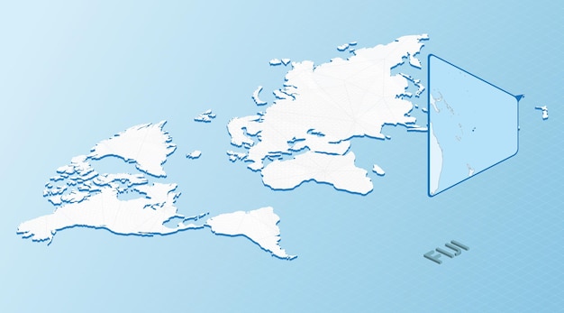 Wereldkaart in isometrische stijl met gedetailleerde kaart van Fiji Lichtblauwe Fiji-kaart met abstracte wereldkaart