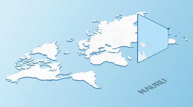 Wereldkaart in isometrische stijl met gedetailleerde kaart van Nauru Lichtblauwe kaart van Nauru met abstracte wereldkaart