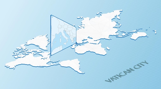 Wereldkaart in isometrische stijl met gedetailleerde kaart van Vaticaanstad Lichtblauwe kaart van Vaticaanstad met abstracte wereldkaart