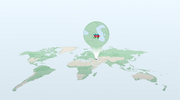 Wereldkaart in perspectief met de locatie van het land Azerbeidzjan met gedetailleerde kaart met vlag van Azerbeidzjan