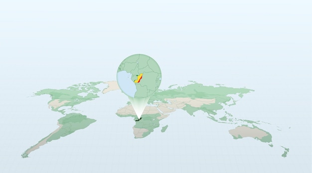 Wereldkaart in perspectief met de locatie van het land congo met gedetailleerde kaart met vlag van congo