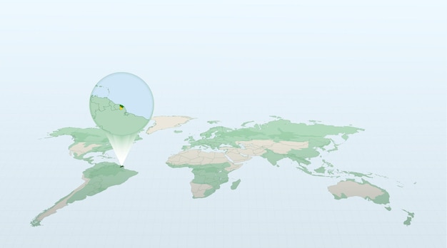 Wereldkaart in perspectief met de locatie van het land frans-guyana met gedetailleerde kaart met vlag van frans-guyana