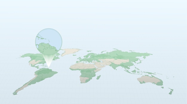 Wereldkaart in perspectief met de locatie van het land grenada met gedetailleerde kaart met vlag van grenada