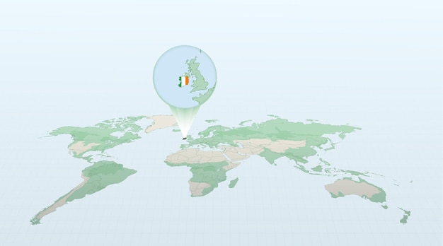 Wereldkaart in perspectief met de locatie van het land Ierland met gedetailleerde kaart met vlag van Ierland