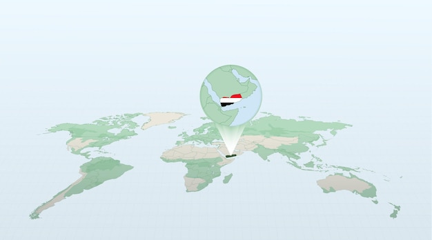 Wereldkaart in perspectief met de locatie van het land jemen met gedetailleerde kaart met vlag van jemen