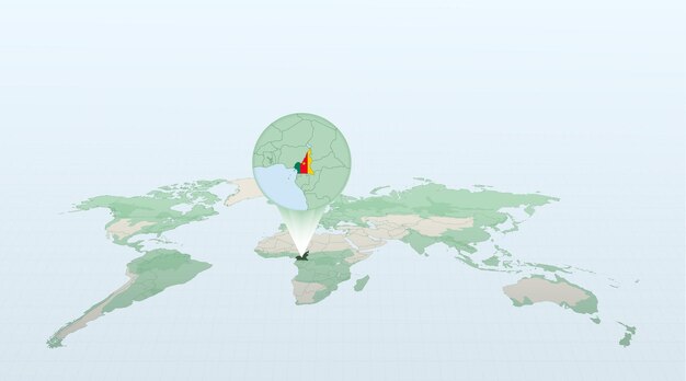 Wereldkaart in perspectief met de locatie van het land Kameroen met gedetailleerde kaart met vlag van Kameroen