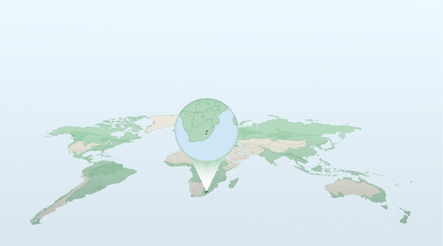 Wereldkaart in perspectief met de locatie van het land Lesotho met gedetailleerde kaart met vlag van Lesotho