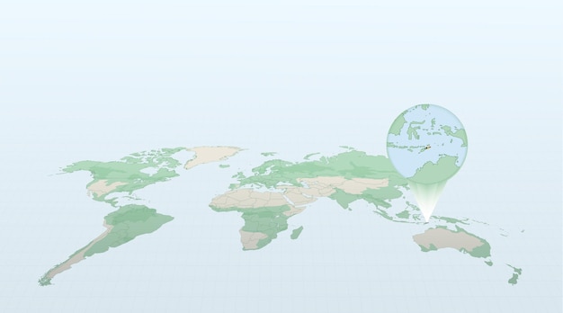 Wereldkaart in perspectief met de locatie van het land Oost-Timor met gedetailleerde kaart met vlag van Oost-Timor