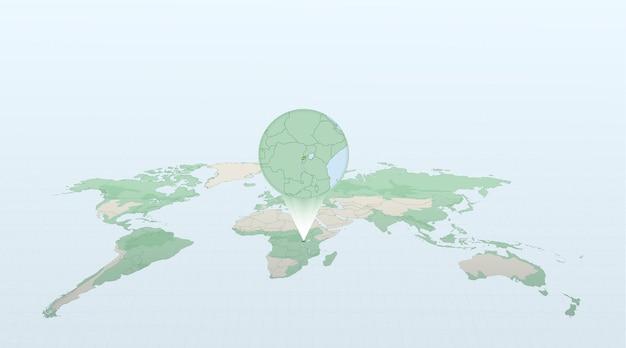 Wereldkaart in perspectief met de locatie van het land rwanda met gedetailleerde kaart met vlag van rwanda