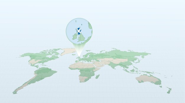 Wereldkaart in perspectief met de locatie van het land Schotland met gedetailleerde kaart met vlag van Schotland