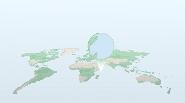 Wereldkaart in perspectief met de locatie van het land seychellen met gedetailleerde kaart met vlag van seychellen