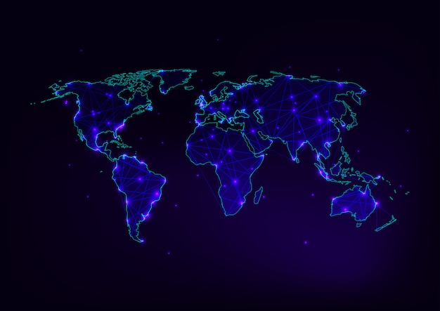 Wereldkaart mesh met continenten omtrek gemaakt van lijnen