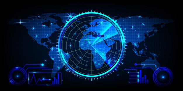 Wereldkaart met een radarscherm, digitale blauwe radar met doelen en wereldkaart als achtergrond en behang