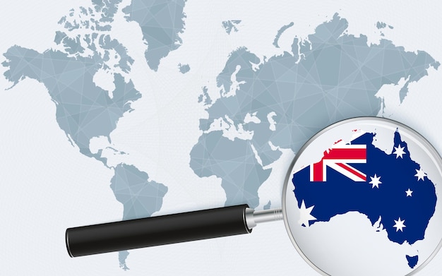 Wereldkaart met een vergrootglas dat naar Australië wijst Kaart van Australië met de vlag in de lus