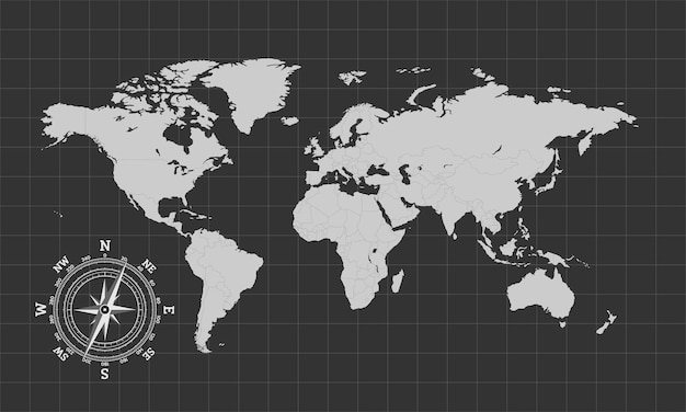 Vector wereldkaart met landsgrenzen op grijze achtergrond gedetailleerde wereldkaart met kompas en raster