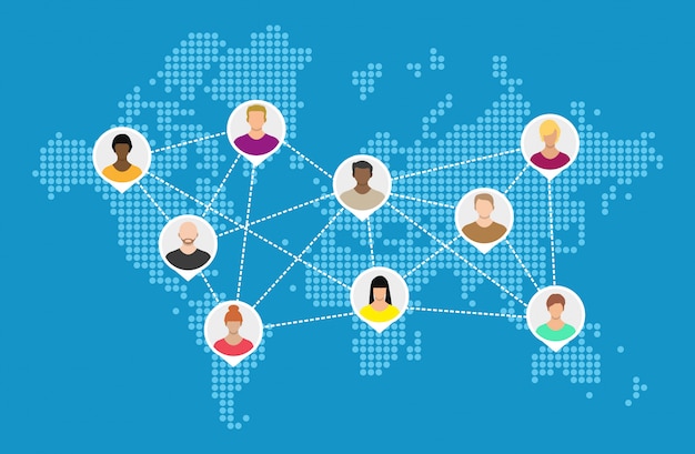 Vector wereldkaart met mensen avatars. sociaal netwerk.