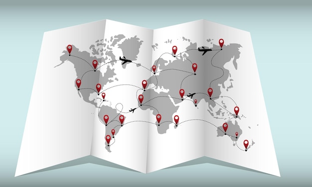 Vector wereldkaart met routes, vliegtuigen en locaties.