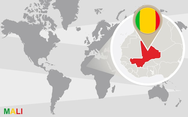 Wereldkaart met uitvergrote Mali. Mali vlag en kaart.