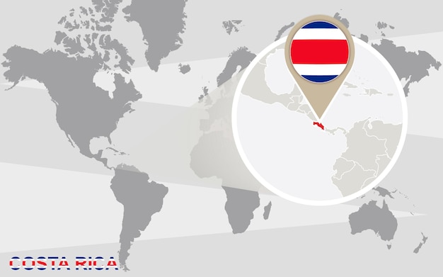 Wereldkaart met vergrote Costa Rica. Vlag en kaart van Costa Rica.