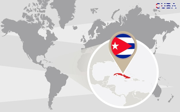 Wereldkaart met vergrote cuba. cuba vlag en kaart.