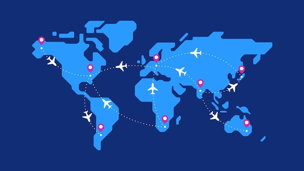 Wereldkaart met vliegtuigroutesporen
